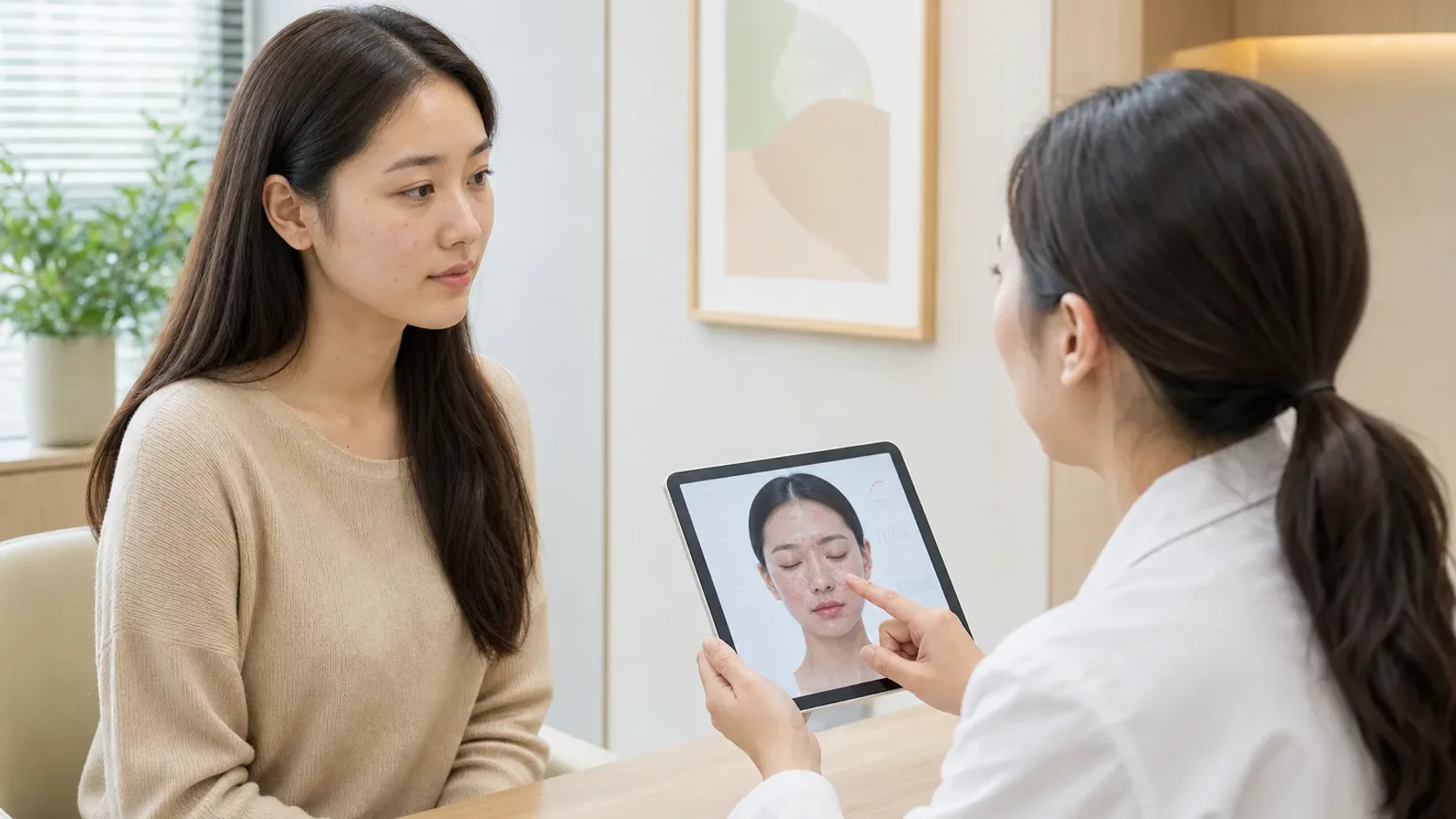 여드름과 흉터가 혼재된 피부 상태를 평가하는 상담 모습
