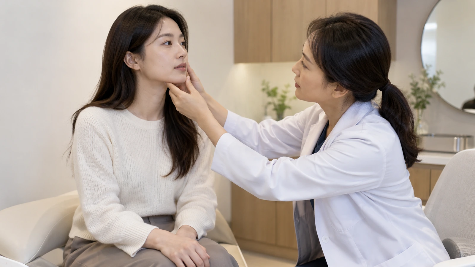 무릎에 손을 포갠 성인의 턱과 볼에 흰 가운 인물이 손을 대고 얼굴을 살피는 모습