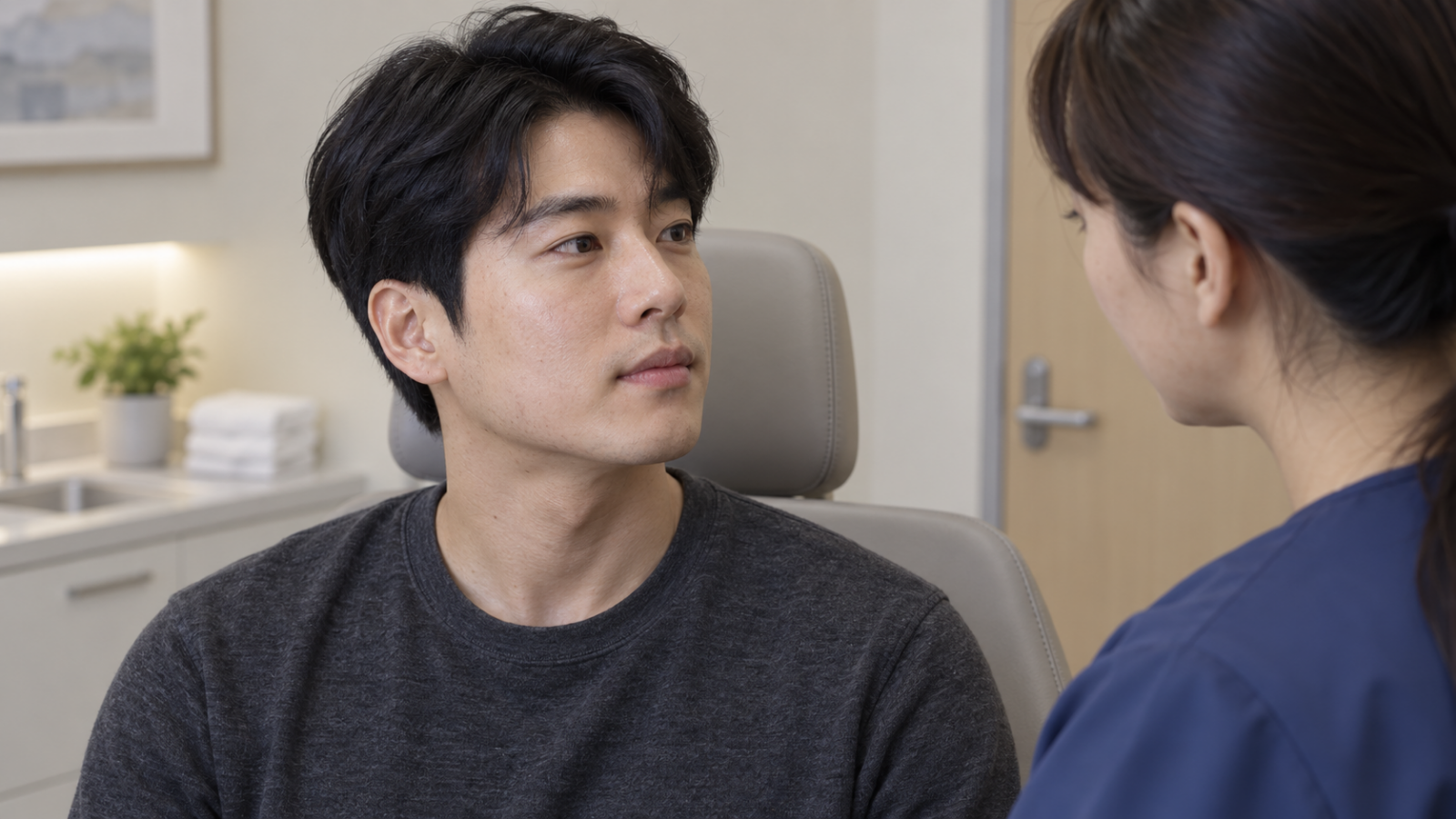 진료 의자에 앉아 의료복을 입은 인물을 바라보는 성인 남성