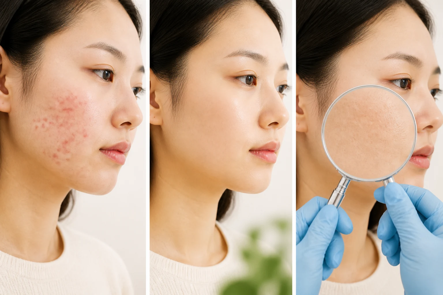 활동성 여드름이 진정된 후 흉터 치료로 이어지는 단계별 피부 변화 과정