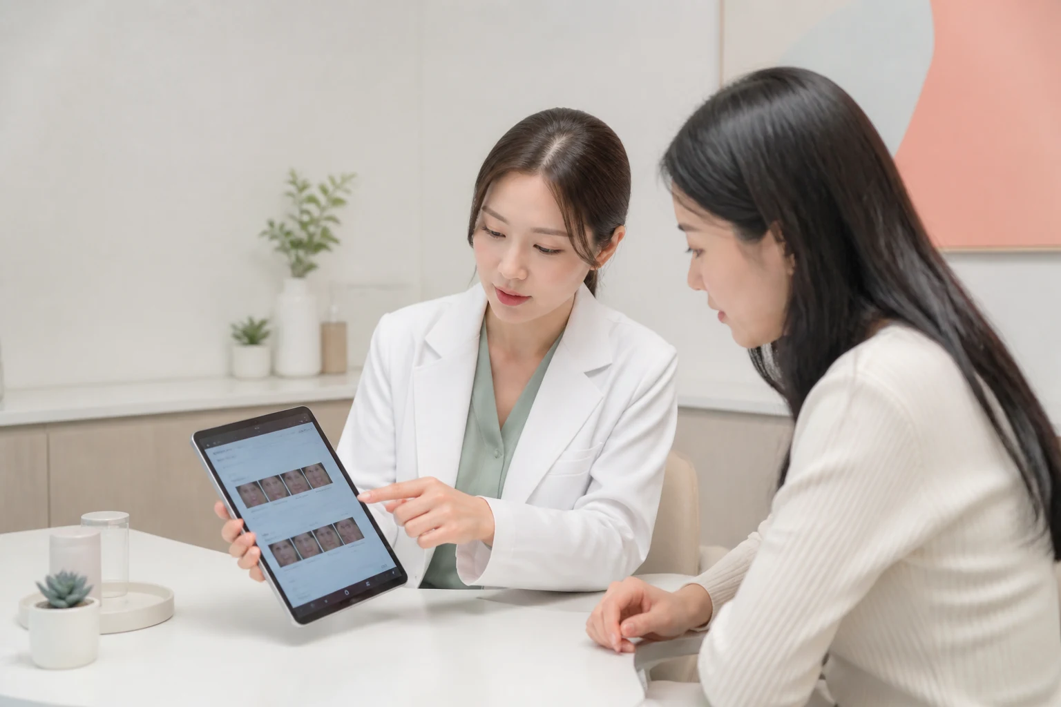 의료진이 환자의 피부 상태와 과거 병력을 꼼꼼하게 확인하는 진찰 모습