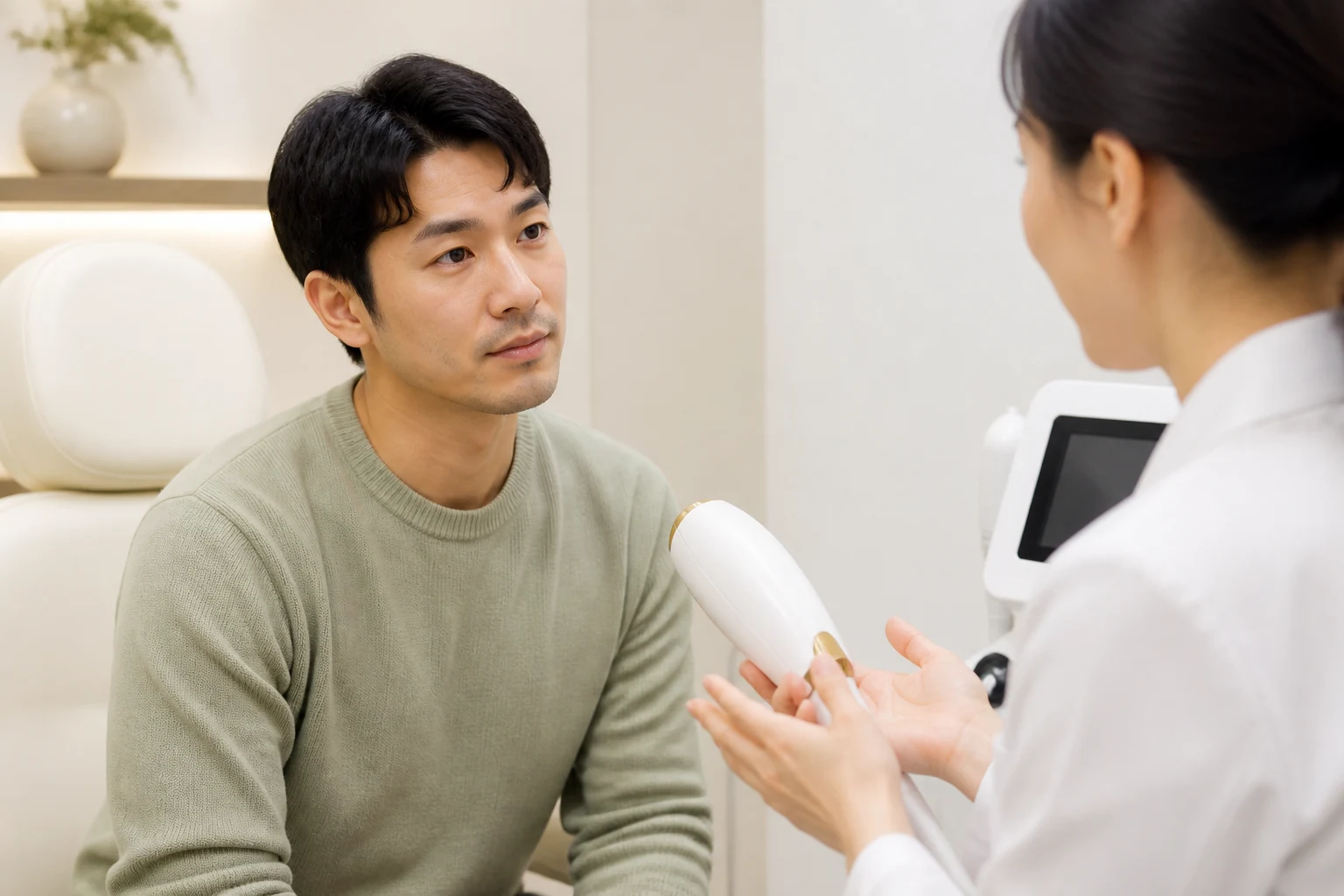 남성이 거울을 보며 턱수염 상태와 피부 자극을 확인하는 모습