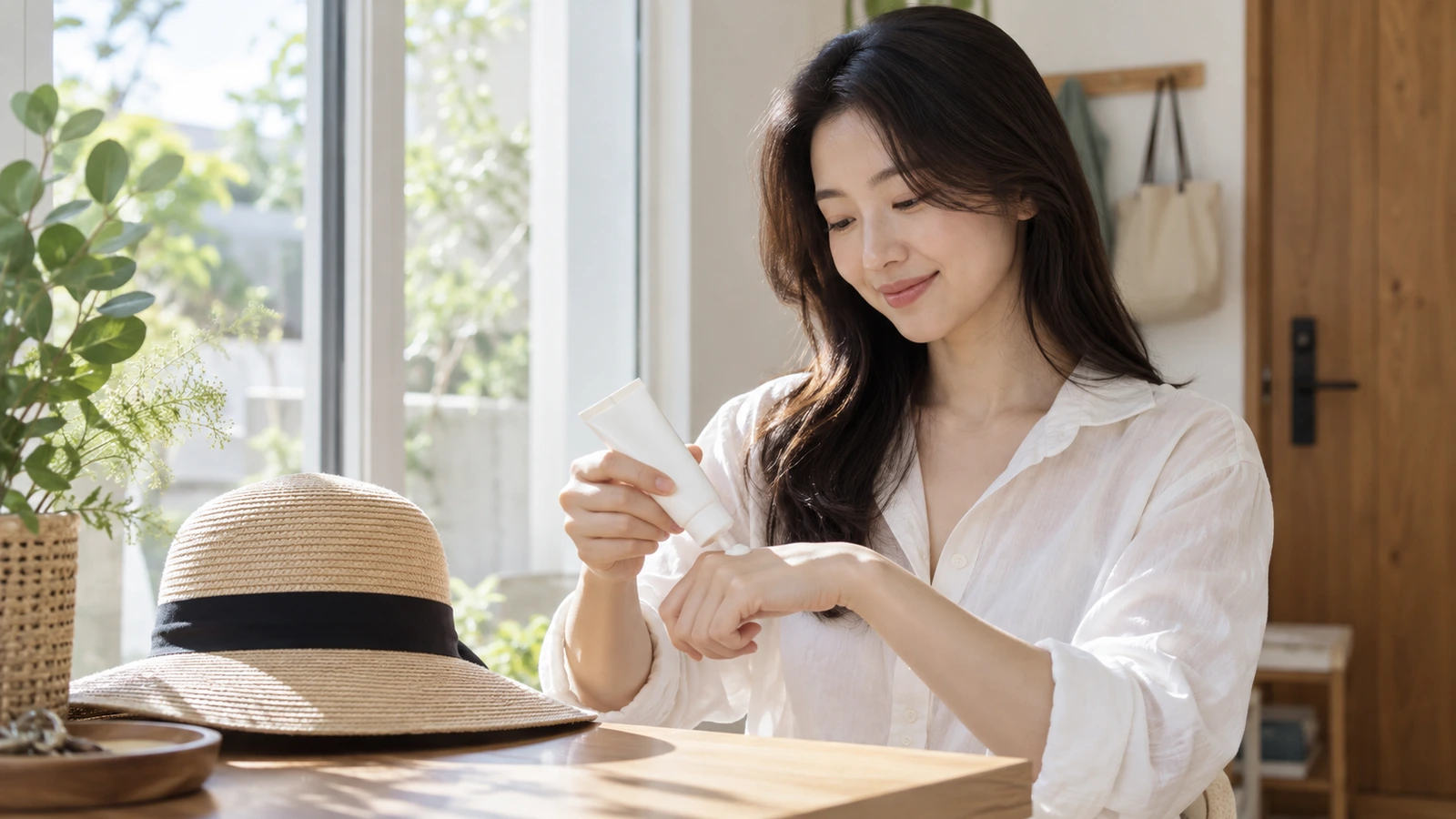 챙 넓은 모자를 옆에 둔 여성이 무표기 흰 튜브의 내용물을 손등에 덜어내는 모습