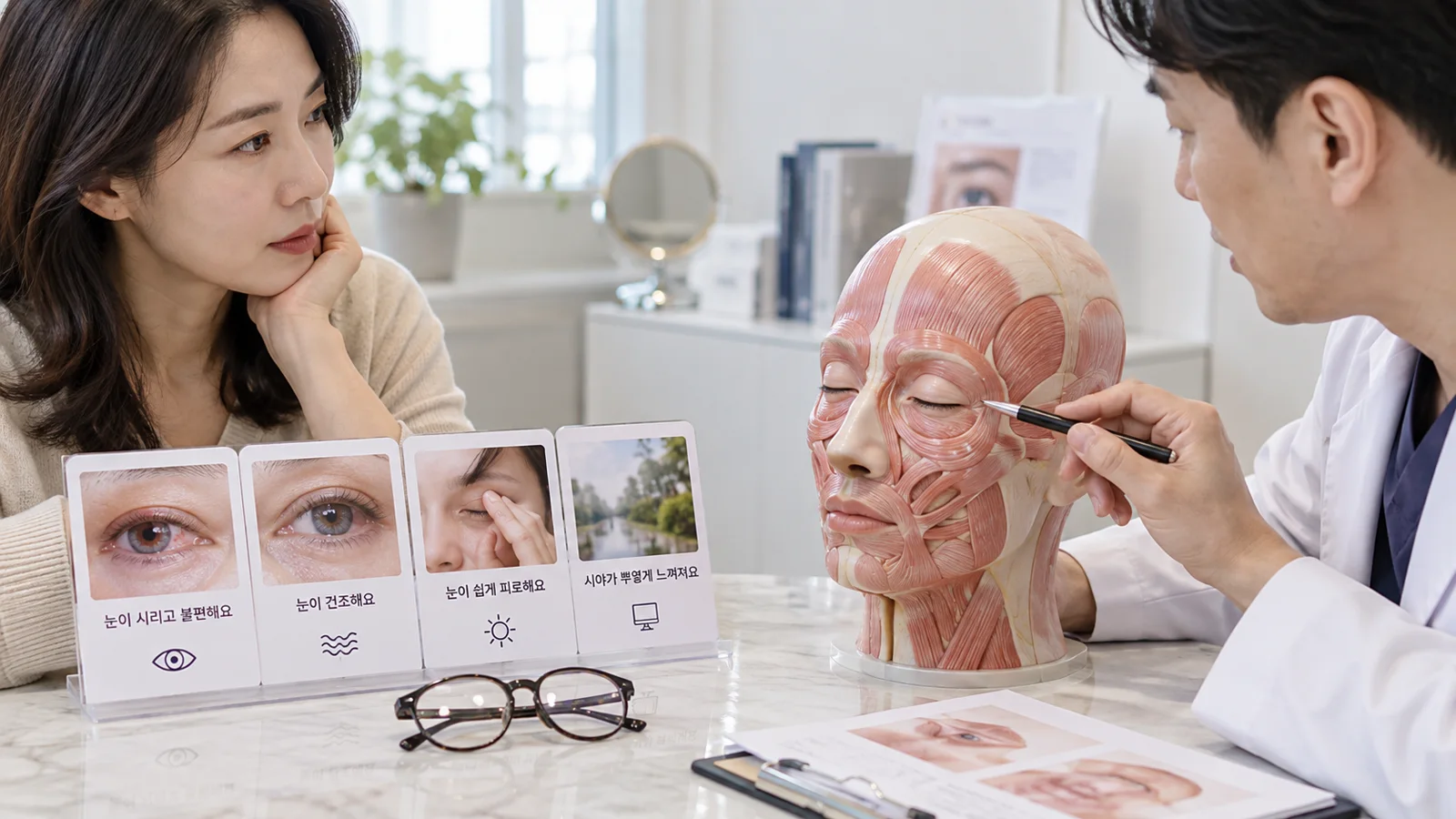 눈 주변 근육 모형과 안경, 증상 기록 카드를 놓은 책상