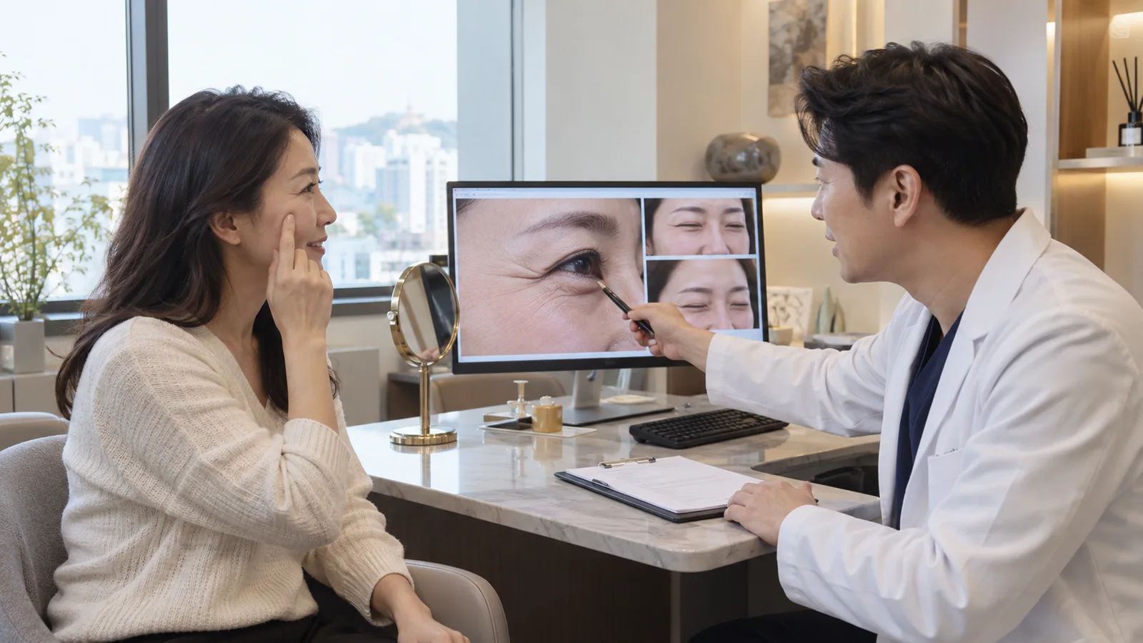 안구건조와 표정 사진 이력을 의료진과 확인하는 모습