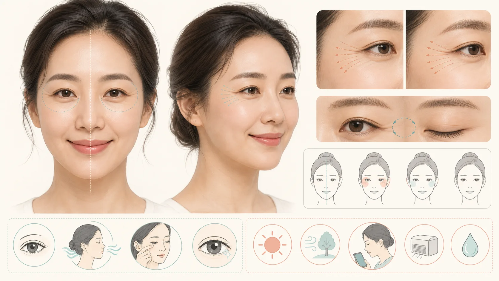 힘을 뺀 표정과 웃는 표정에서 눈가 주름의 방향, 좌우 차이, 눈꺼풀 위치를 함께 기록한 상담 지도