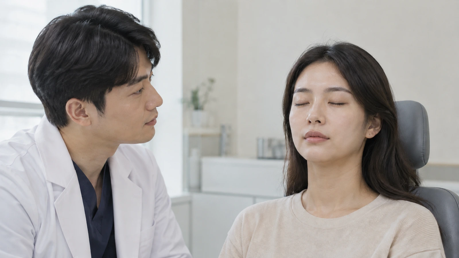의자에 앉아 눈을 감은 성인의 눈 주변을 옆에서 살펴보는 흰 가운 차림의 사람