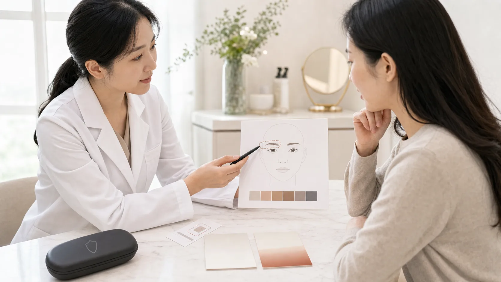 색소 시험 부위와 눈 보호 계획, 완전 제거와 옅어짐 목표를 함께 확인하는 상담 장면