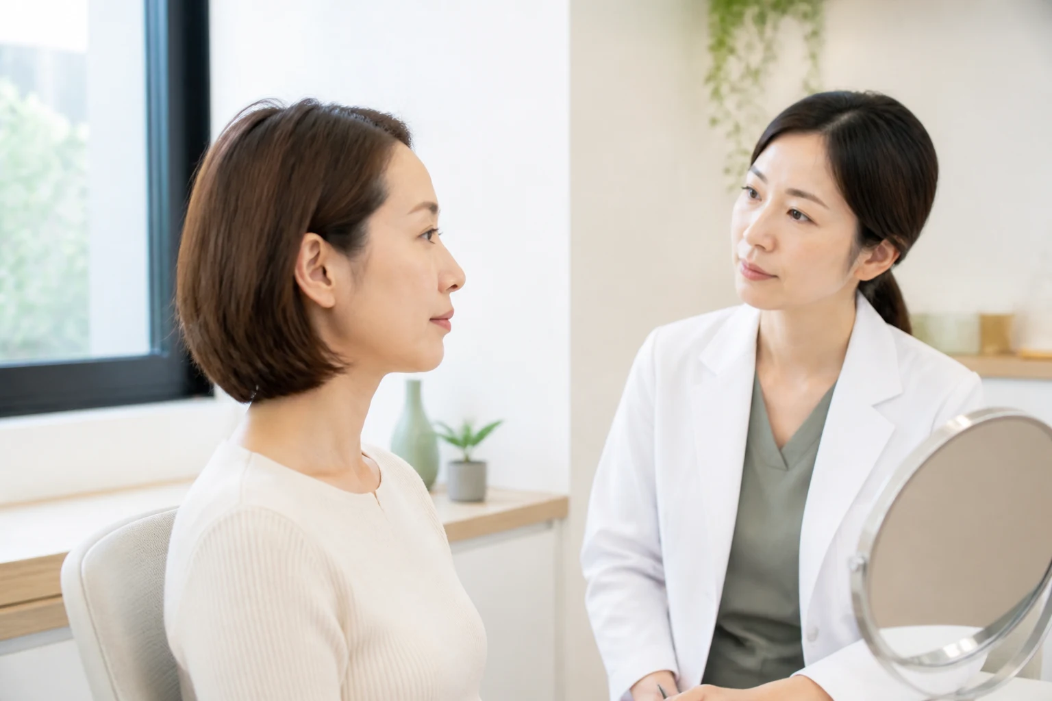 의료진이 환자의 이마 윤곽과 표정을 살피며 상담하는 모습