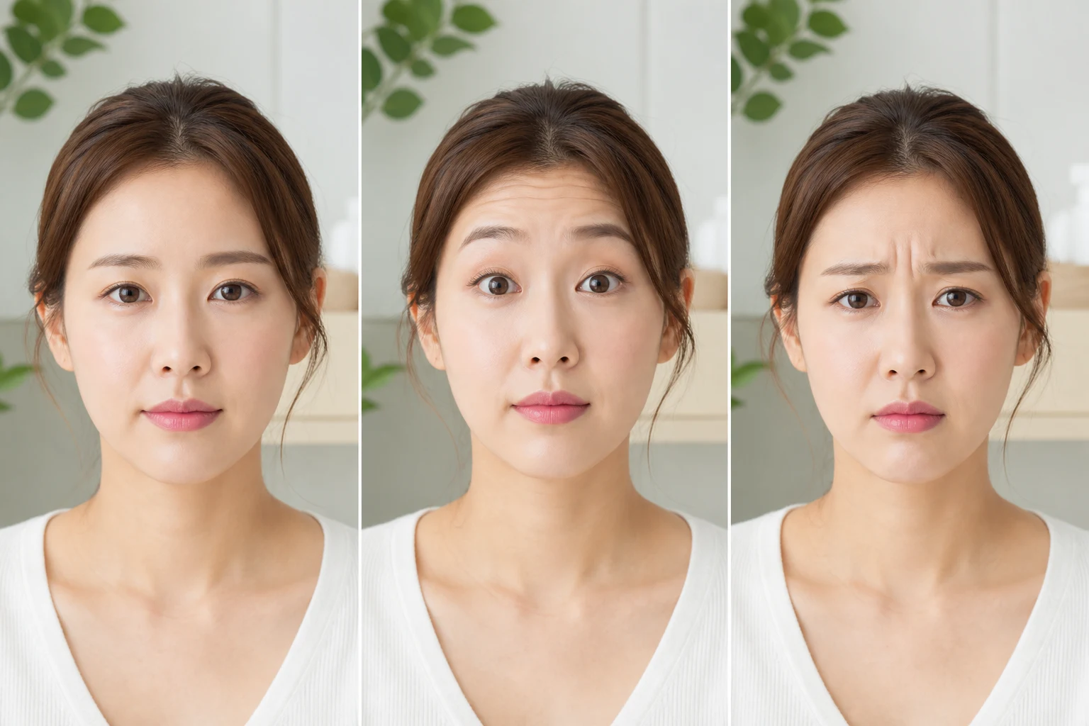 환자가 다양한 표정을 지을 때 이마 근육과 눈썹의 움직임을 관찰하는 모습