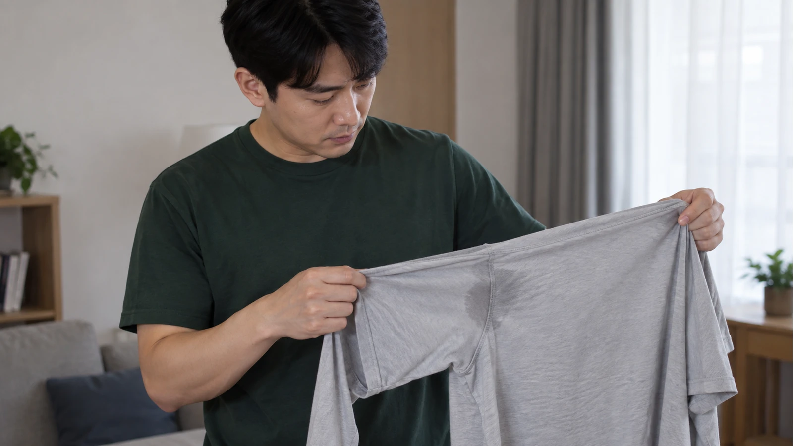 초록색 상의를 입은 성인이 회색 셔츠를 양손으로 펼쳐 겨드랑이 봉제선 주변의 작은 어두운 흔적을 살펴보는 모습