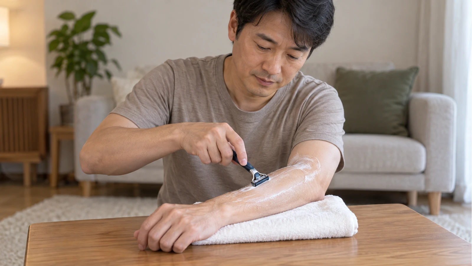 성인이 왼팔을 접은 수건 위에 받치고 오른손의 수동 면도기로 하얀 크림이 묻은 팔을 면도하는 모습