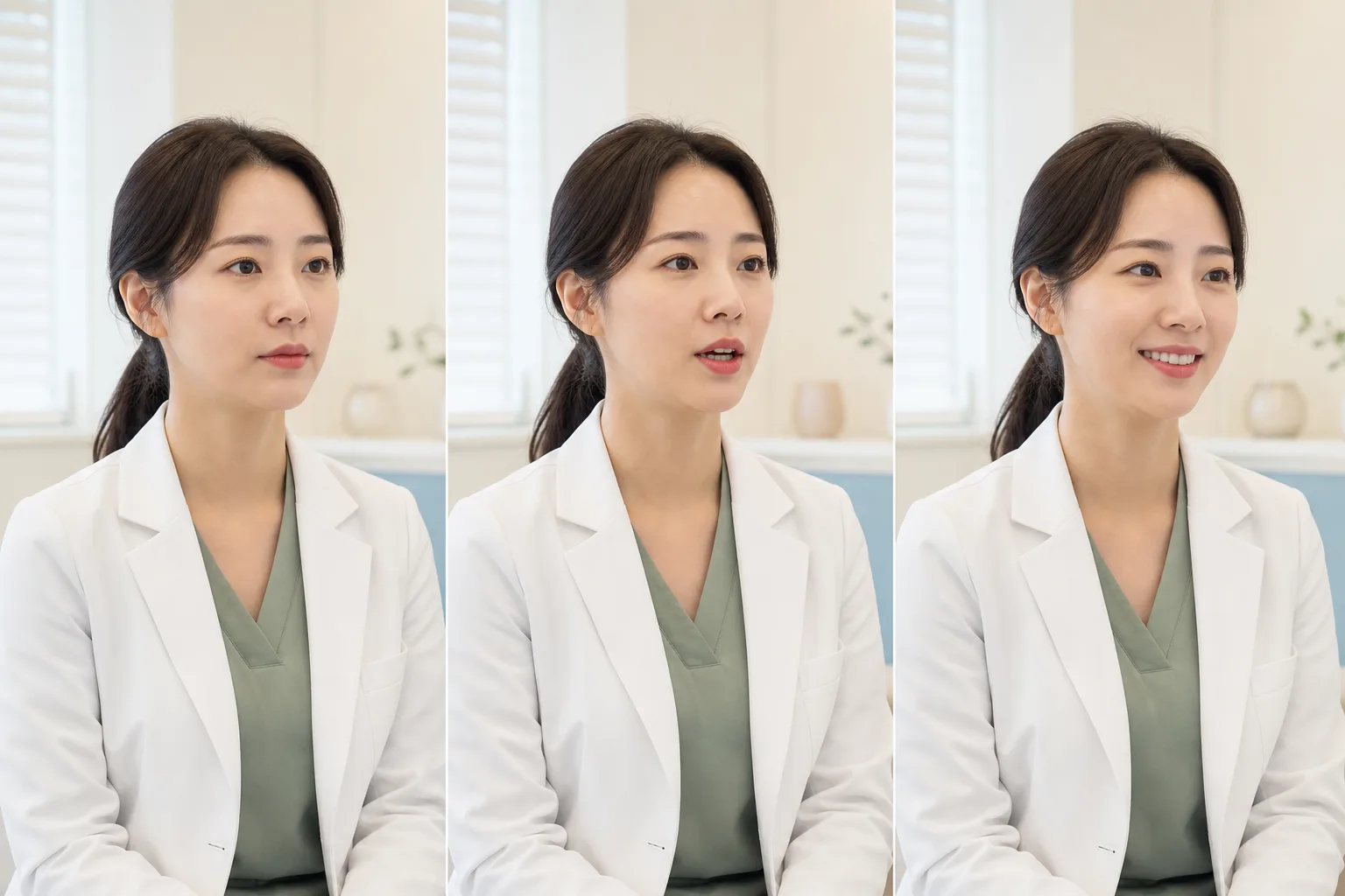 거울을 보며 웃고 말할 때 입술 주변 근육의 움직임을 확인하는 모습