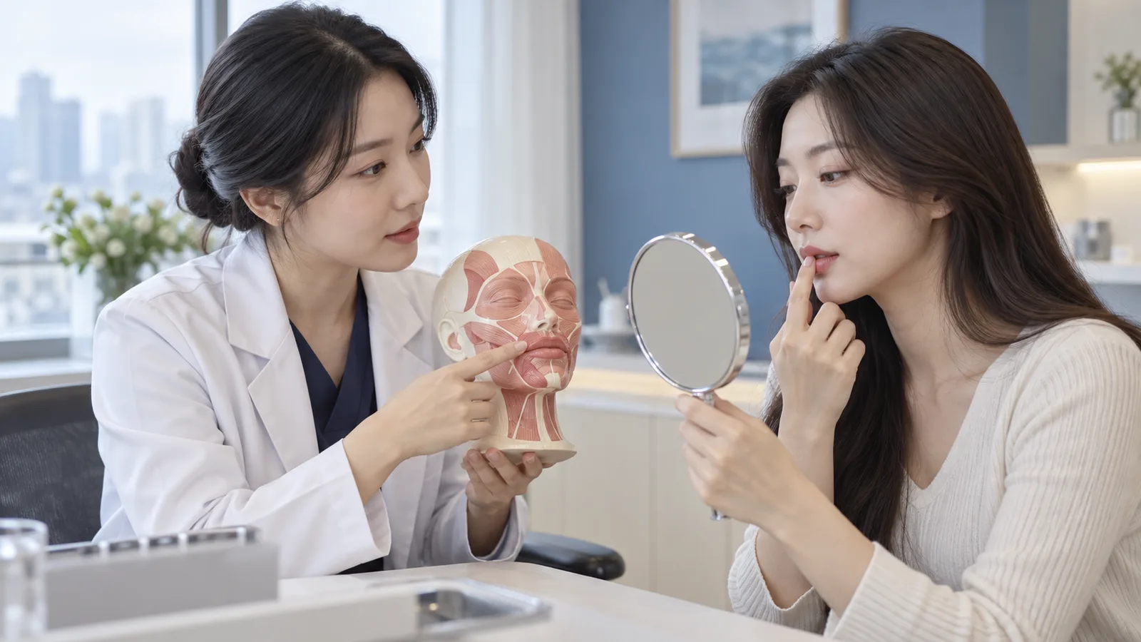 입술 비율과 이상 반응 대응을 얼굴 모형으로 설명하는 필러 상담 장면