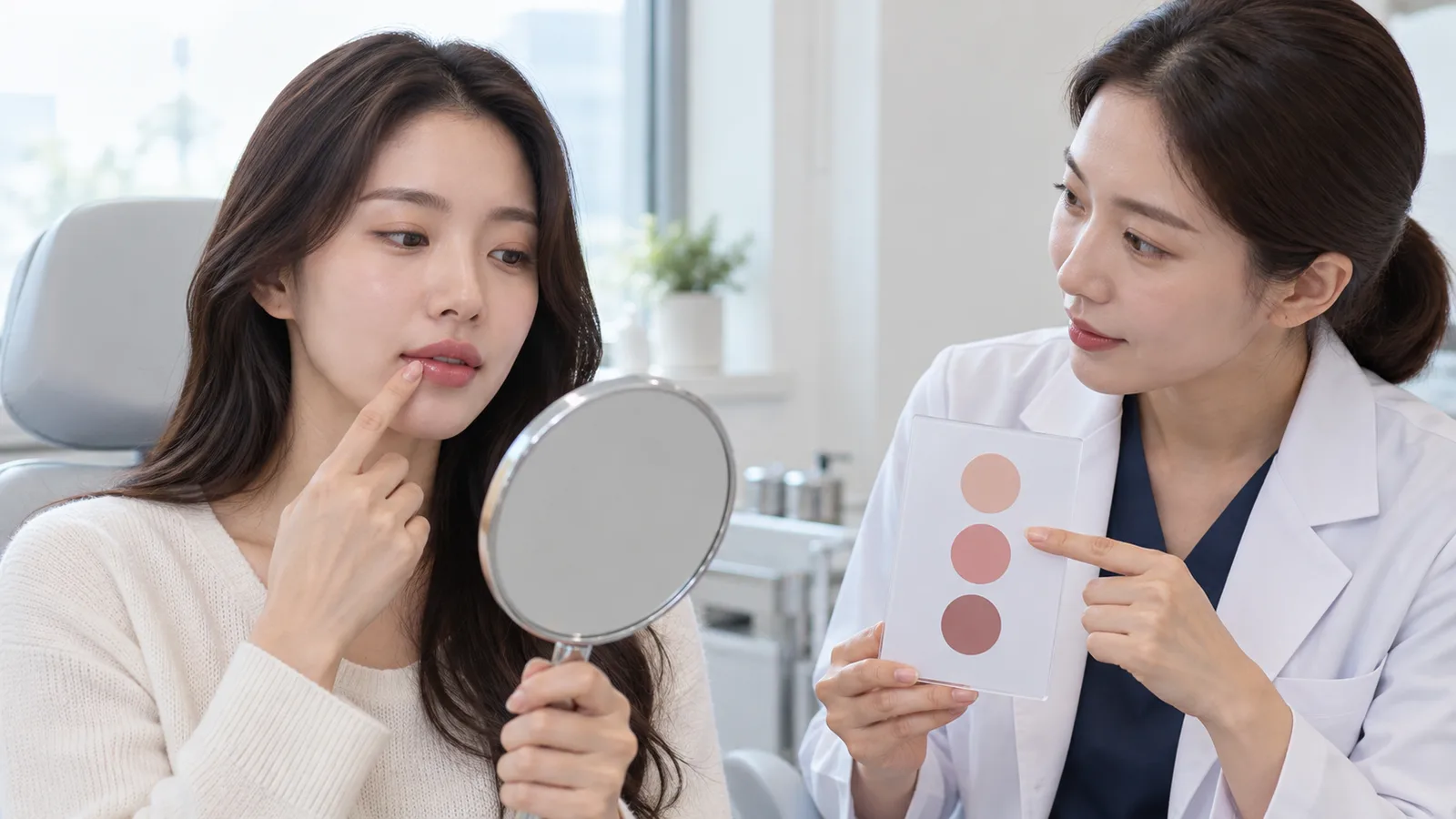 거울을 보는 환자에게 정상 피부색과 다른 변화 신호를 색상 카드로 설명하는 장면