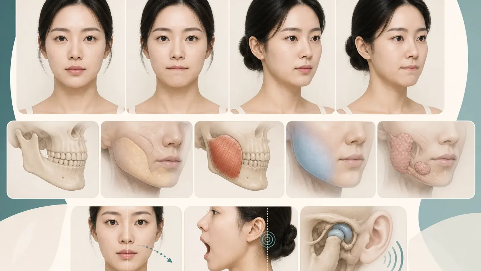 정면과 45도, 힘을 뺀 상태와 이를 악문 상태에서 턱 너비와 좌우 교근 움직임을 나누어 기록한 상담 지도