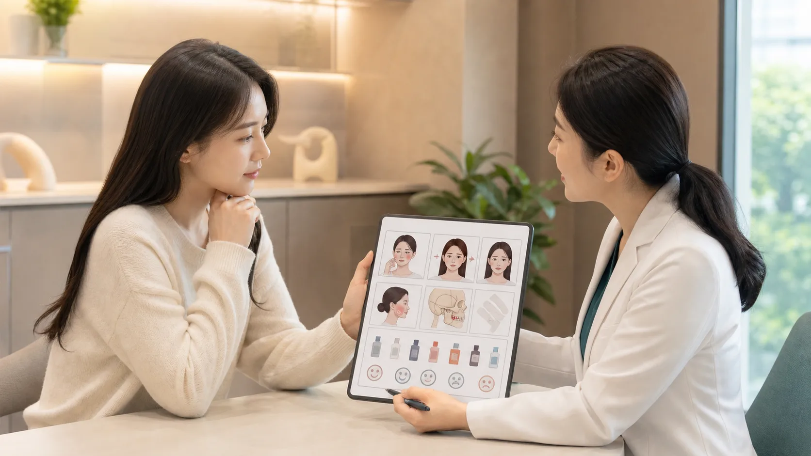 사각턱보톡스 상담에서 씹기 피로와 좌우 사용, 턱 통증·소리, 과거 제품과 반응을 확인하는 장면