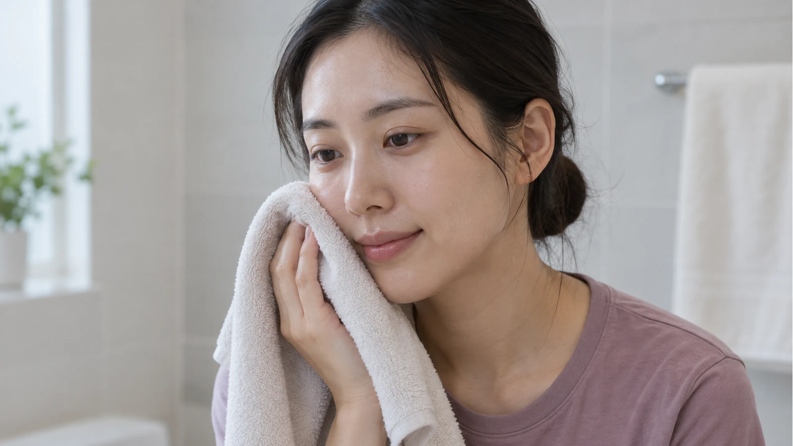 한 손으로 부드러운 수건을 물기 있는 볼에 가볍게 대고 있는 성인