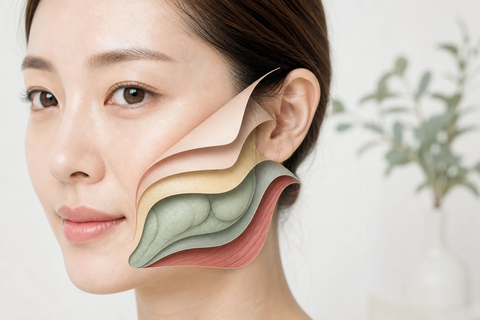 얼굴의 중안면부 볼륨 감소와 팔자주름의 연관성을 보여주는 해부학적 일러스트