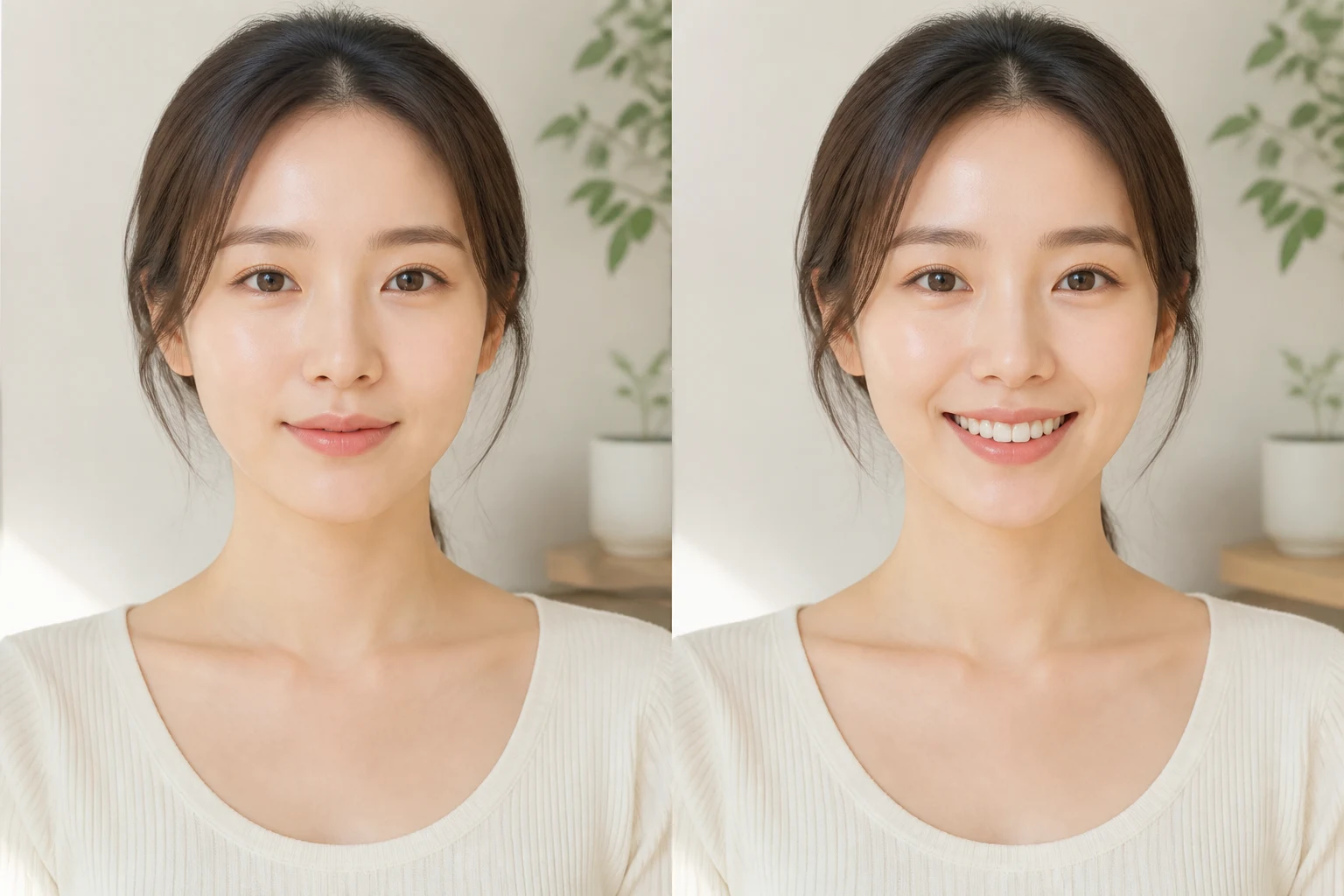 무표정일 때와 미소 지을 때 팔자주름 부위의 변화를 비교하는 모습