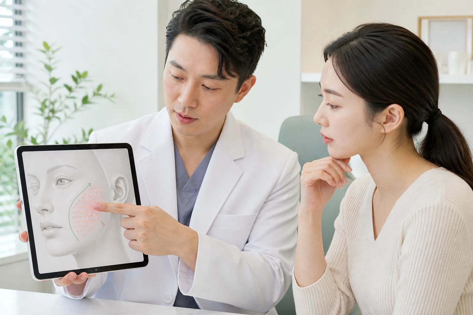 팔자주름 부위 직접 주입과 앞광대 등 주변 구조 지지를 통한 개선 계획을 설명하는 상담 화면