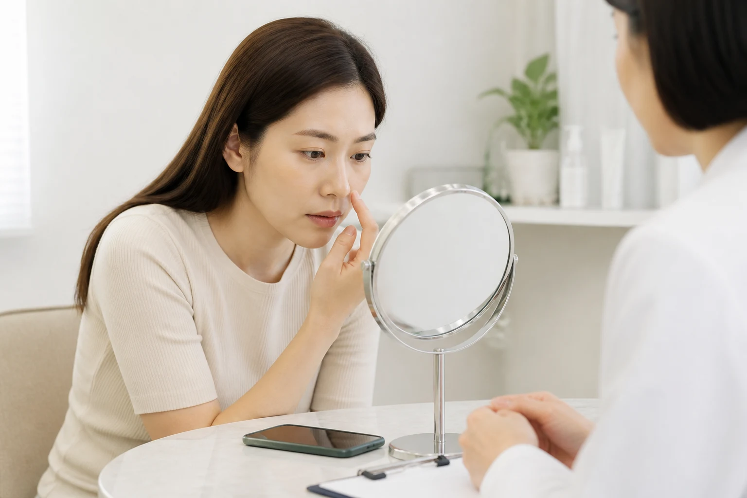 시술 후 거울을 보며 피부 색깔 변화와 이상 징후가 없는지 꼼꼼히 확인하는 환자의 모습