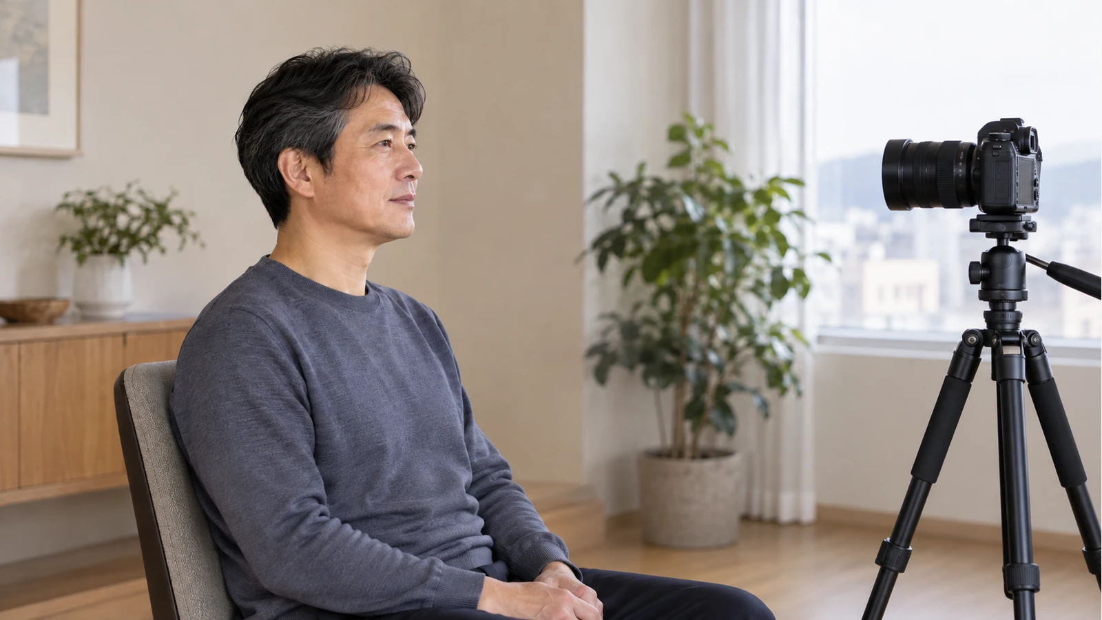 남성이 의자에 바르게 앉아 얼굴 높이의 삼각대 카메라를 바라보는 모습