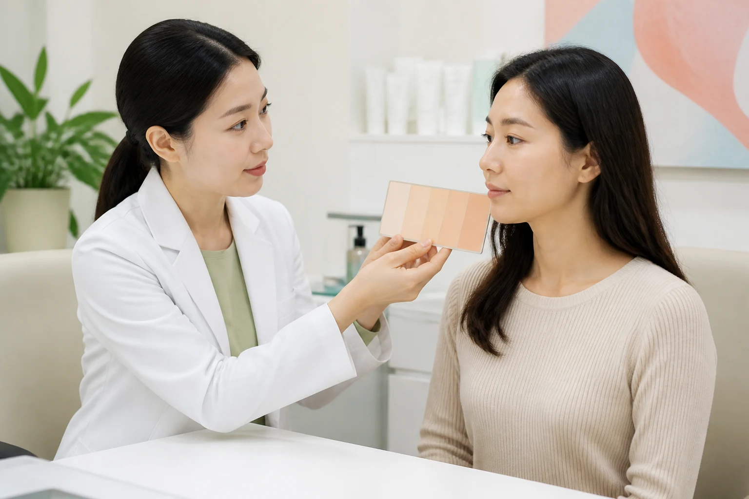 의료진이 환자의 피부 톤을 확인하고 최근 자외선 노출 이력을 상담하는 모습