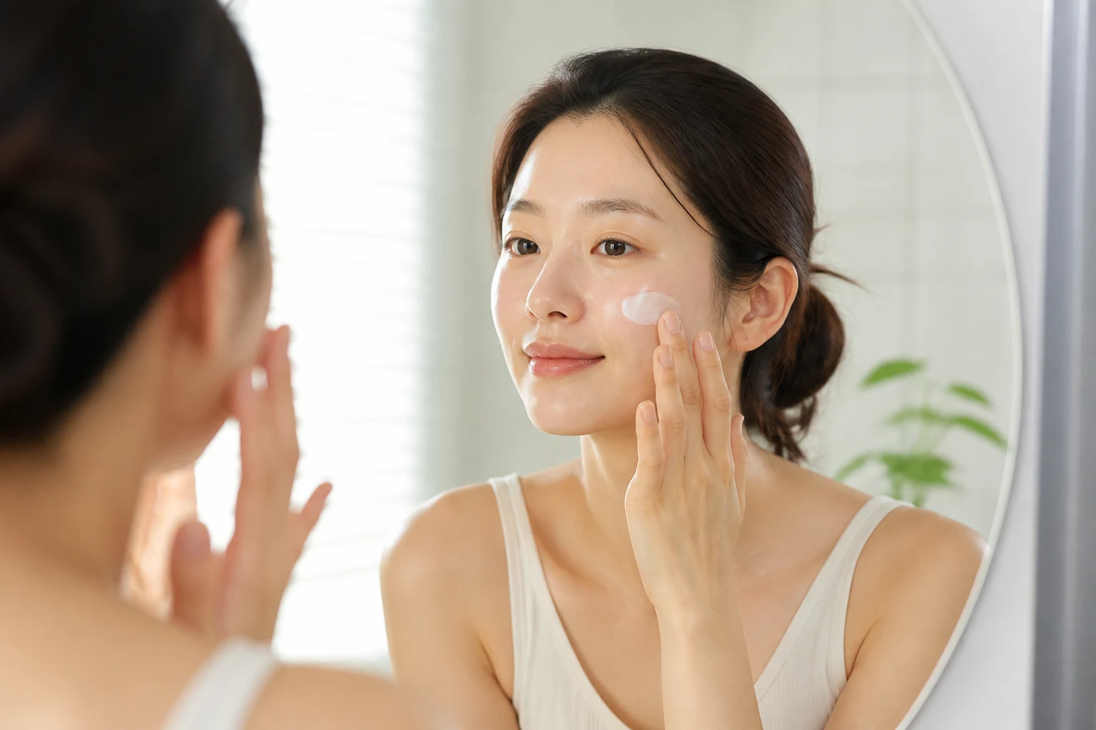 레이저 시술 후 피부 진정 과정을 관찰하고 자외선 차단제를 바르는 모습