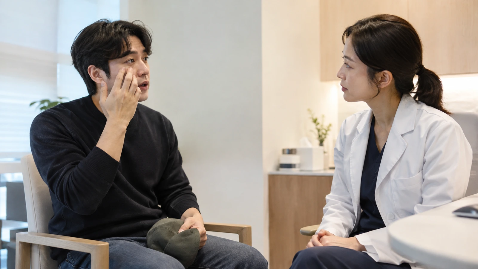 모자를 무릎에 둔 성인이 볼을 짚으며 흰 가운 차림의 사람과 대화하는 모습