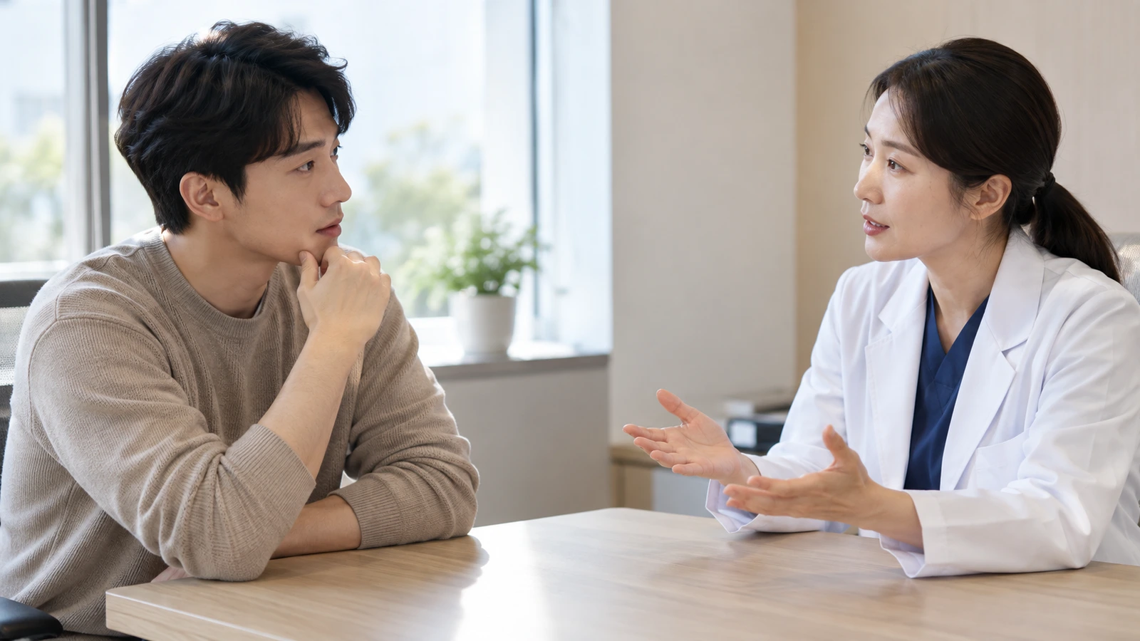 턱에 손을 댄 성인 남성이 양손을 펼쳐 설명하는 흰 가운 차림의 상대를 바라보는 모습