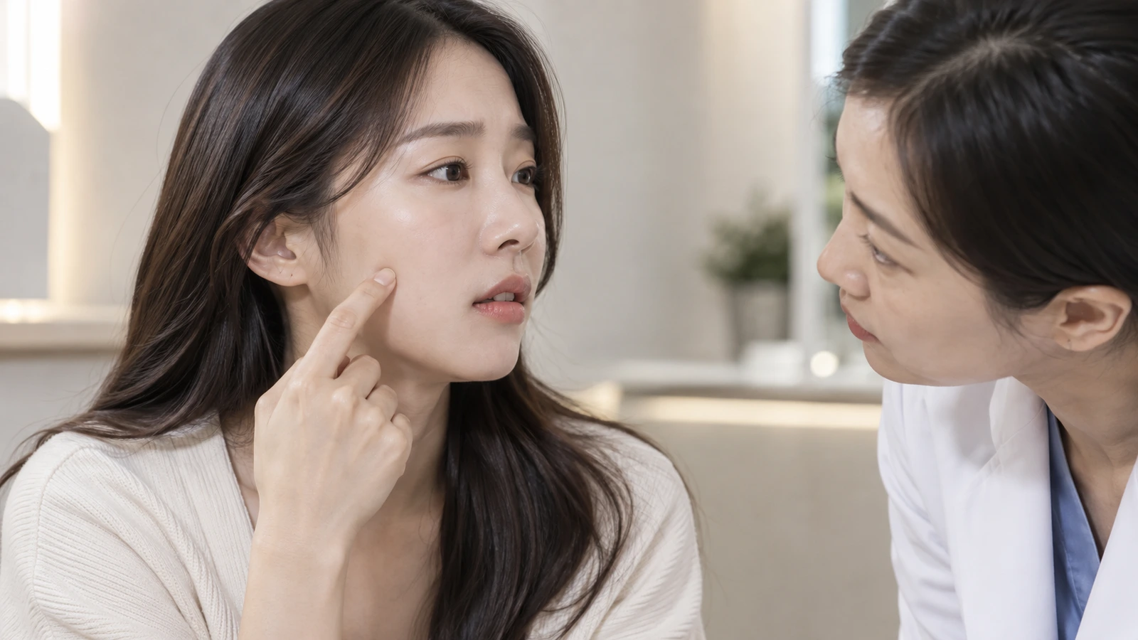 성인 여성이 검지로 볼을 가리키고 흰 가운을 입은 상대가 그 부위를 가까이 살펴보는 모습