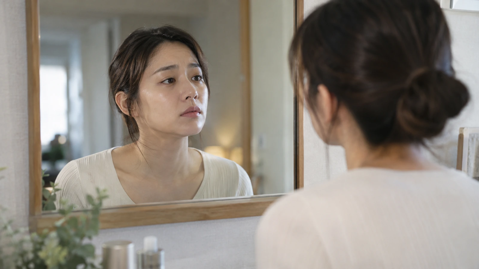 실내 거울 앞에서 얼굴을 조금 돌려 자신의 피부를 살피는 성인