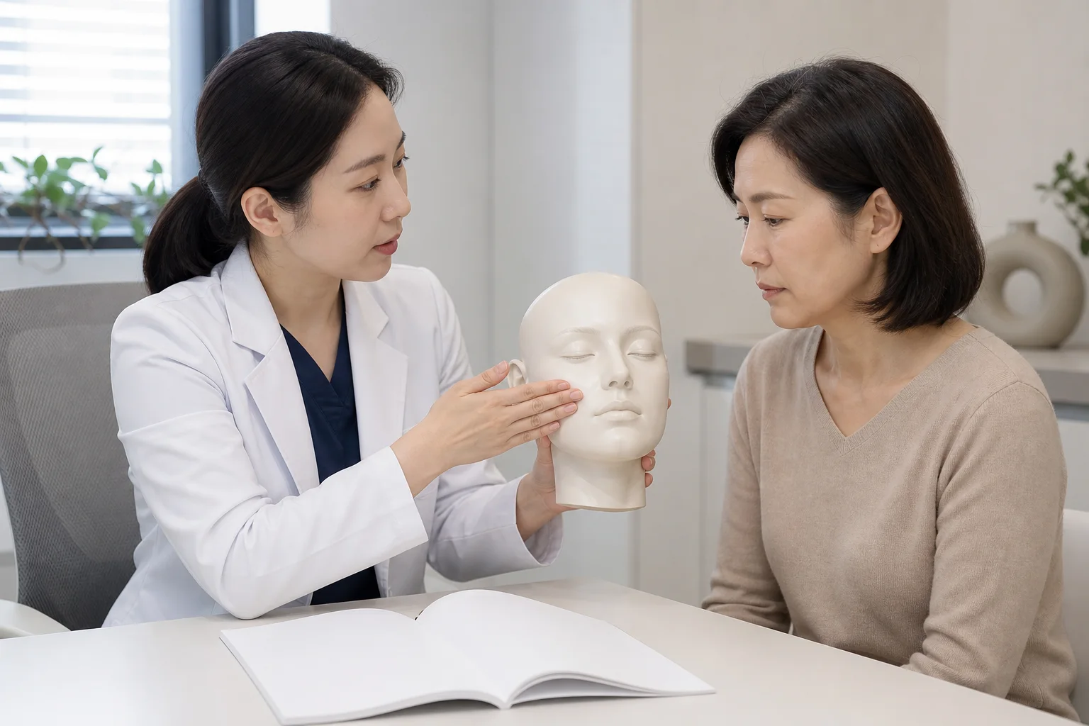 제품 설명서와 얼굴 모형으로 적용 부위를 확인하는 상담 장면