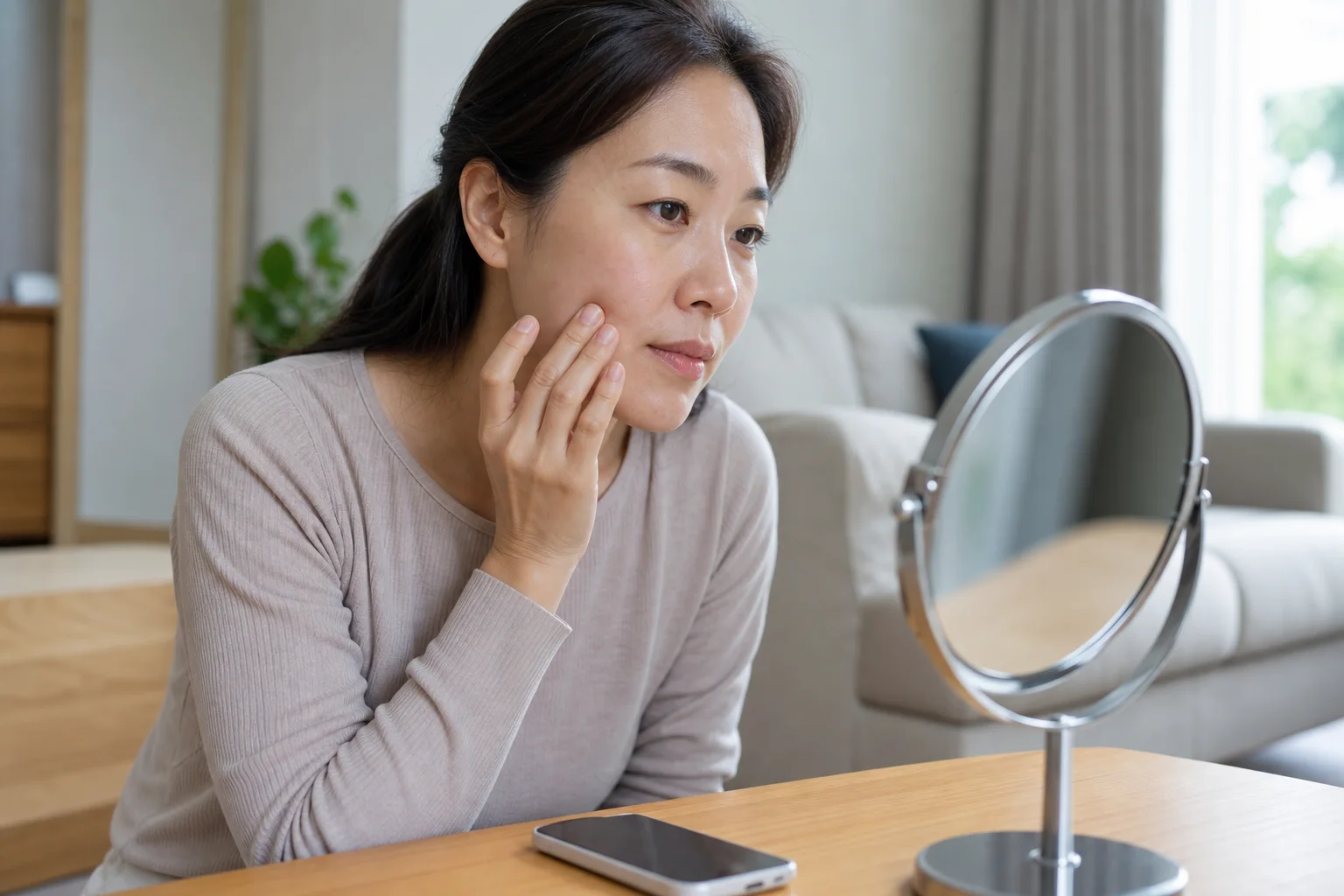늦게 만져지는 볼의 변화를 거울로 확인하는 모습
