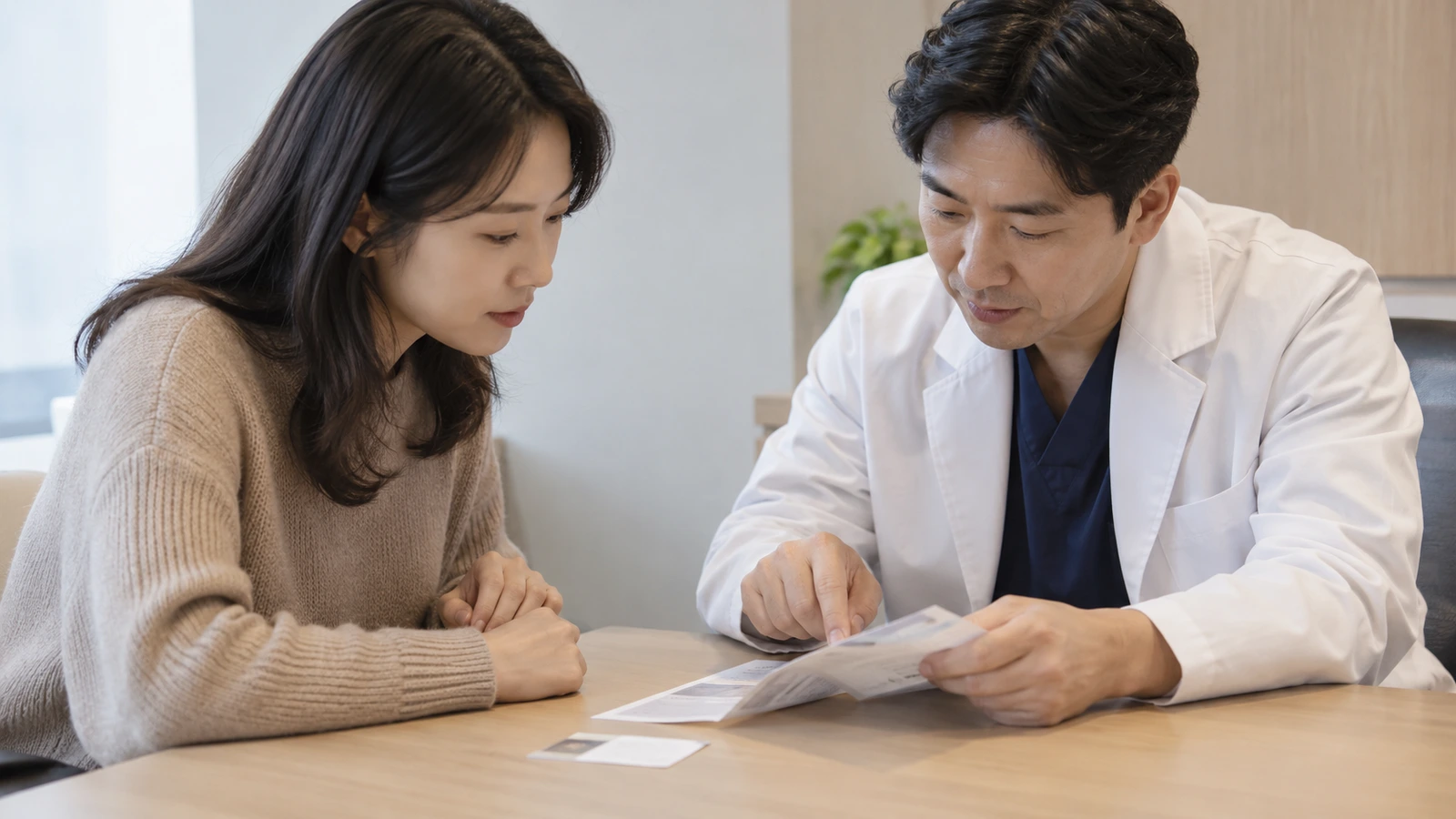진료실 테이블에서 카드와 종이 자료를 함께 확인하는 성인 여성과 흰 가운 의료진