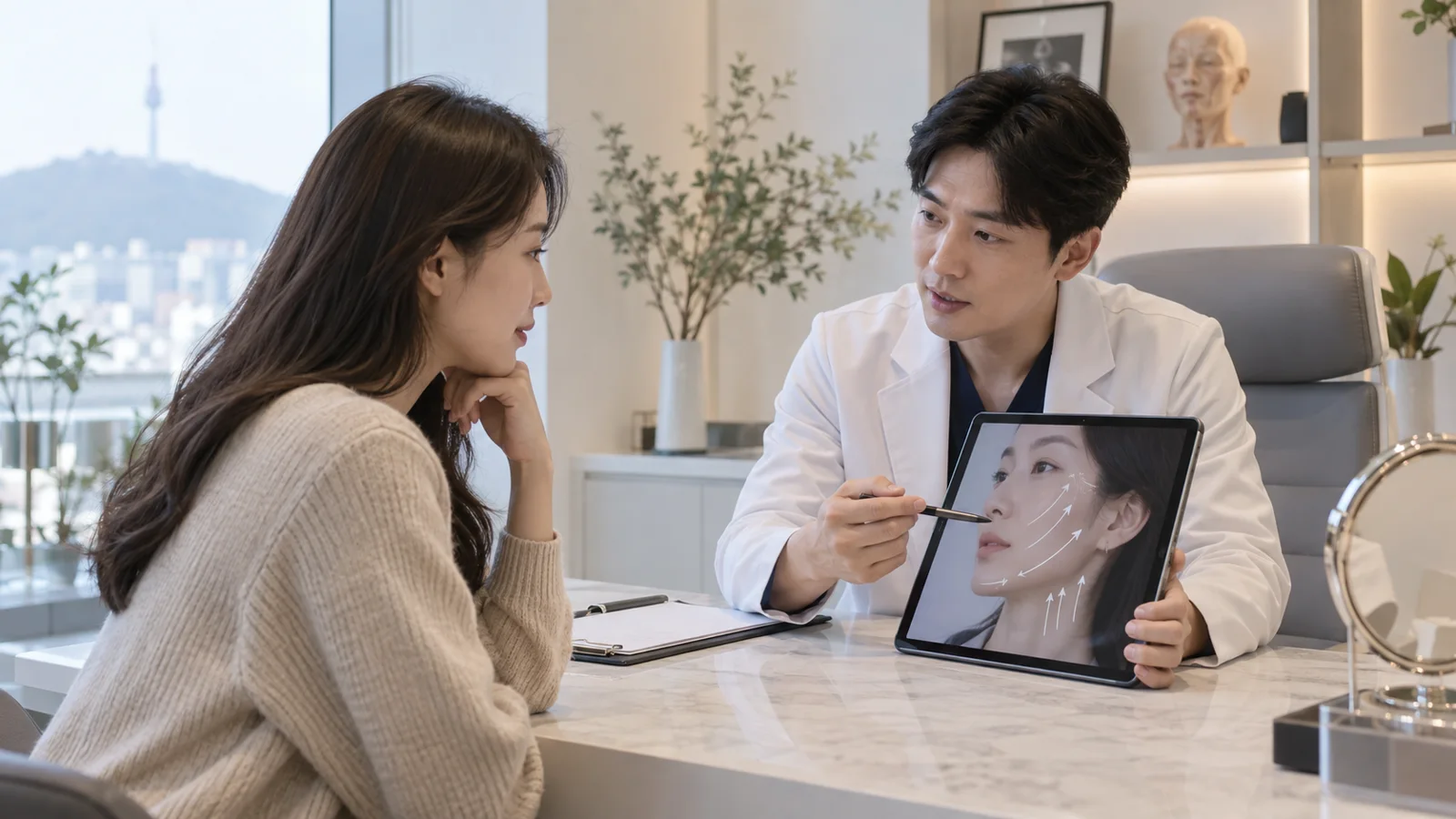 태블릿의 얼굴 방향선을 보며 실리프팅 목표를 상담하는 장면