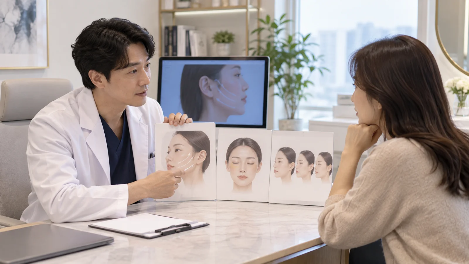 수면 자세와 붓기 회복 일정을 의료진과 상의하는 장면
