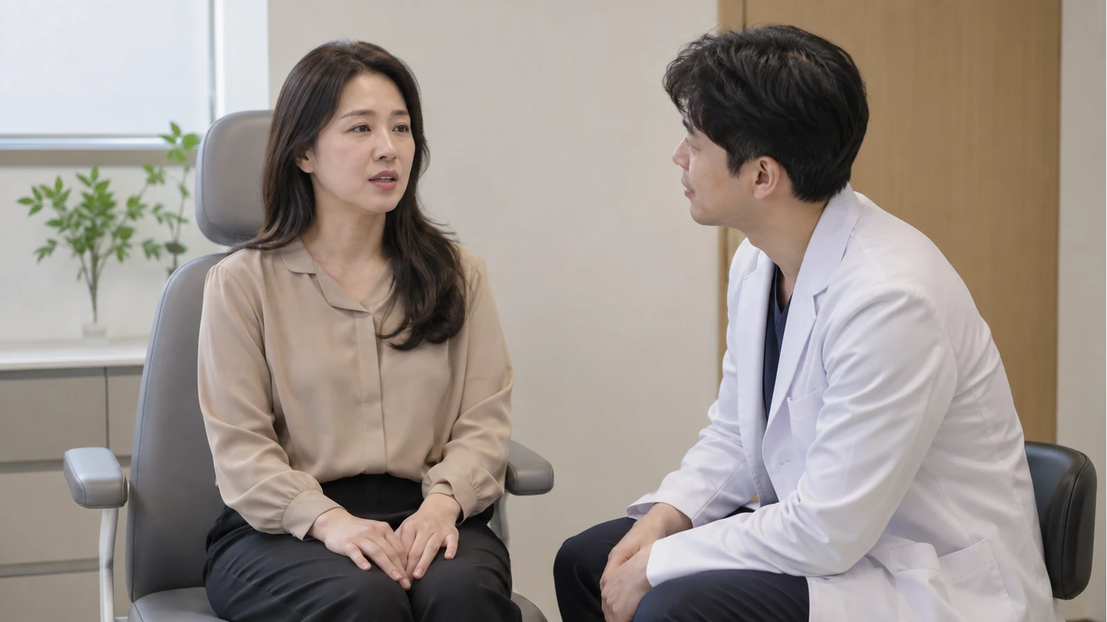 진료 의자에 앉아 양손을 무릎에 두고 의료진 역할 인물에게 말하는 성인