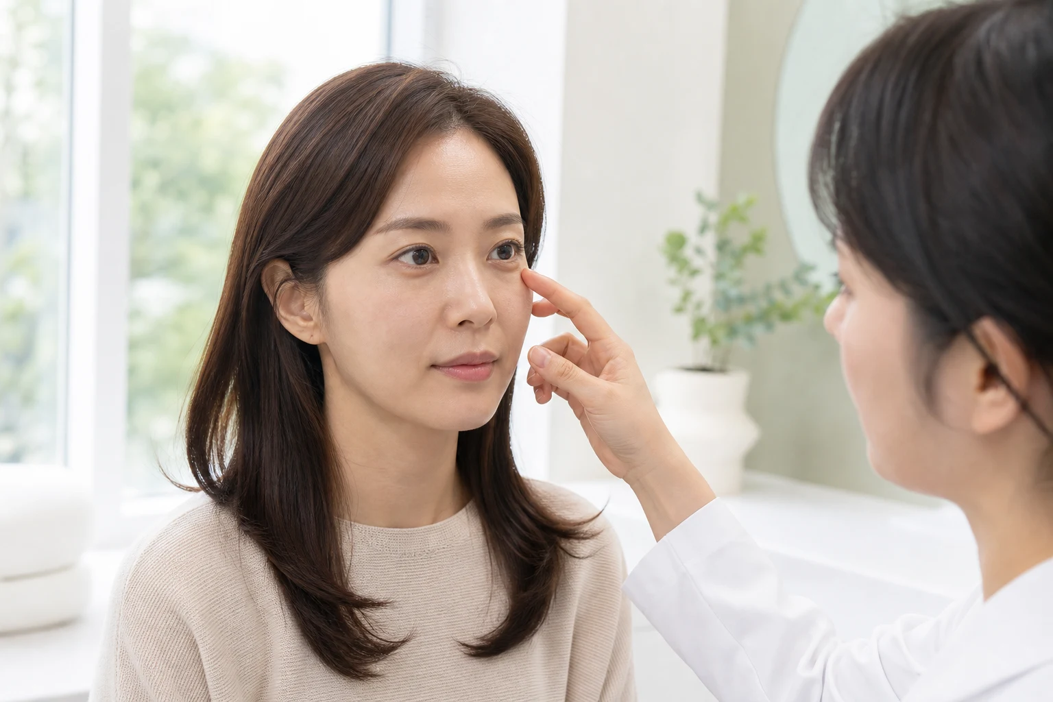 거울을 보며 눈 밑의 꺼짐과 색소 침착을 주의 깊게 관찰하는 여성의 모습