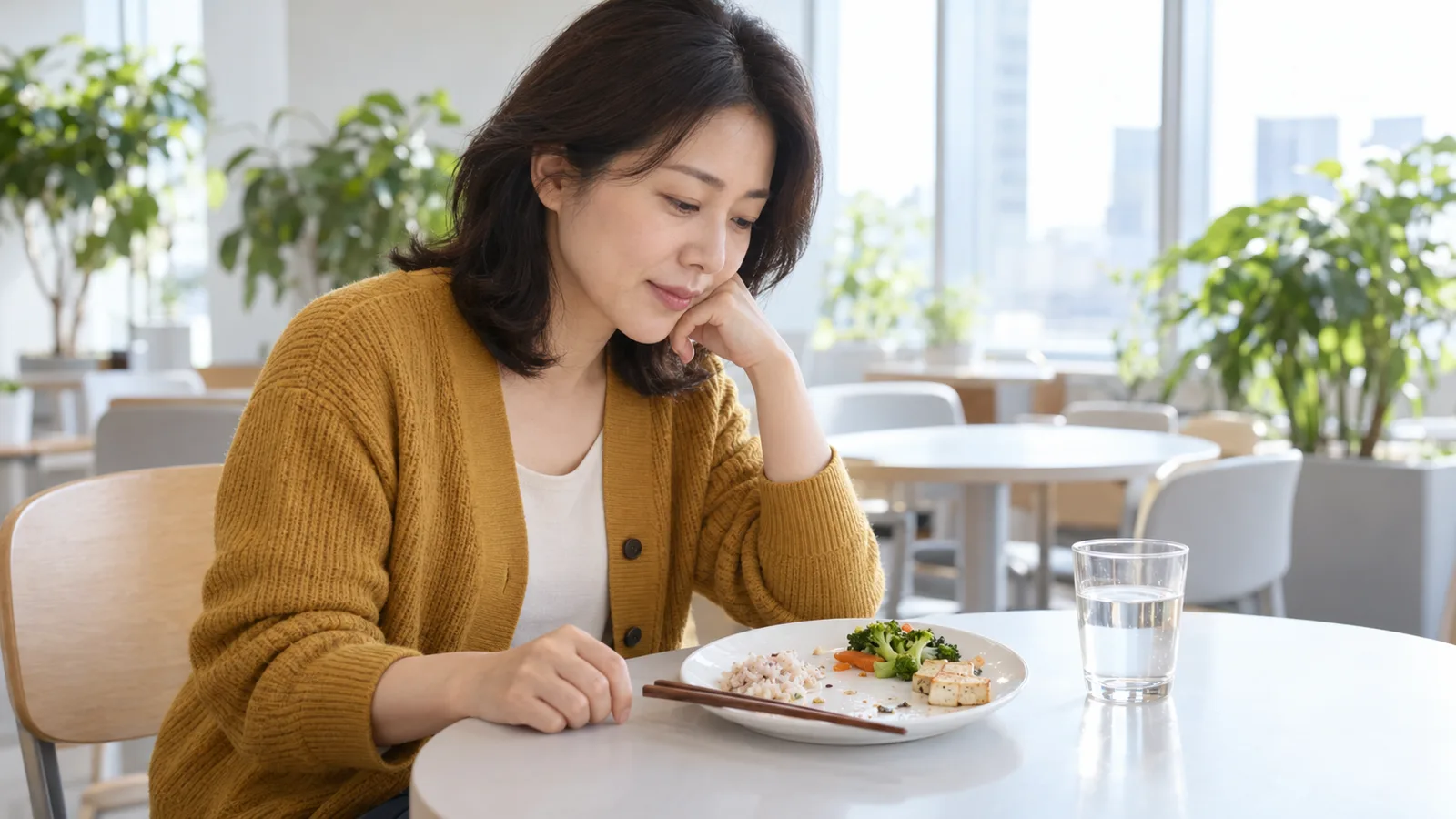 밝은 휴게 공간의 원형 탁자에서 턱을 괴고 밥과 채소·두부를 조금 남긴 접시를 내려다보는 겨자색 카디건 차림의 여성