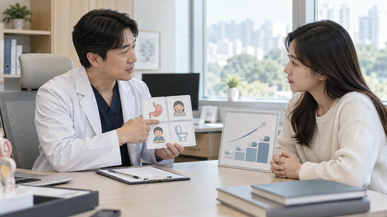증량 일정과 위장관 증상 카드를 의료진과 확인하는 모습
