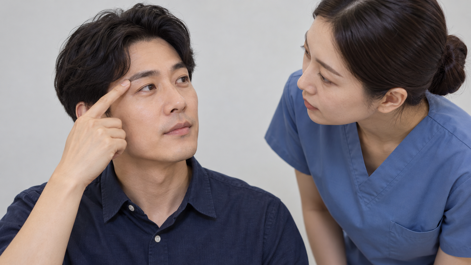 눈썹 끝을 손가락으로 가리키는 남성과 그 부위를 살펴보는 의료복 차림의 인물