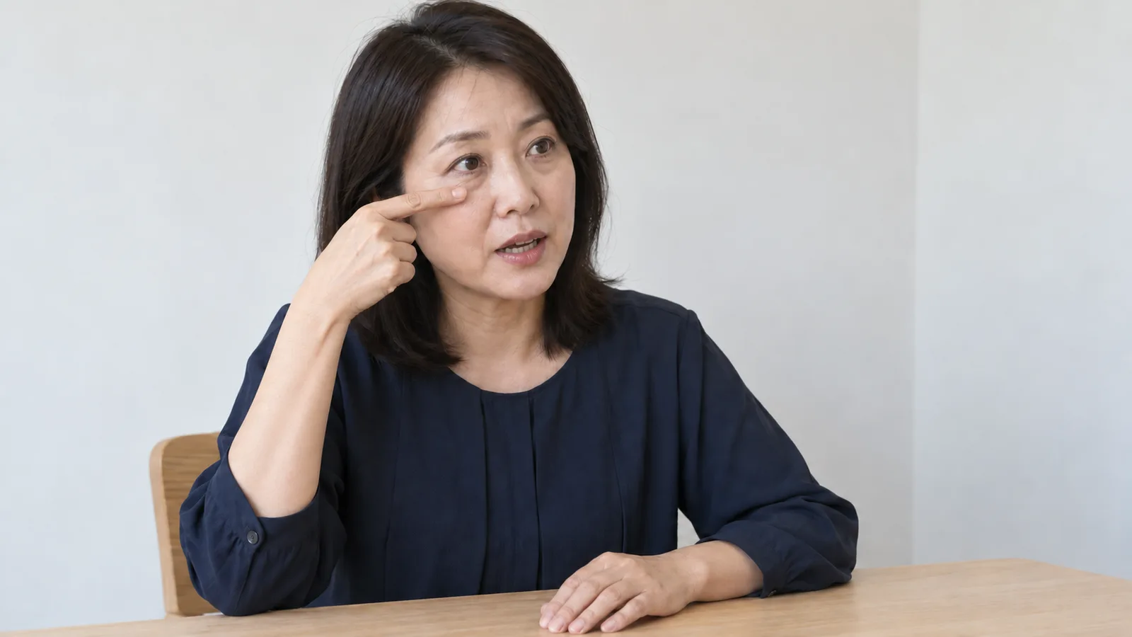 밝은 벽 앞 나무 탁자에 앉은 남색 블라우스 차림의 중년 여성이 화면 오른쪽을 보며 말하면서 오른손 검지로 오른쪽 눈 바로 아래를 짚고, 왼손은 탁자 위에 올려 두었다.