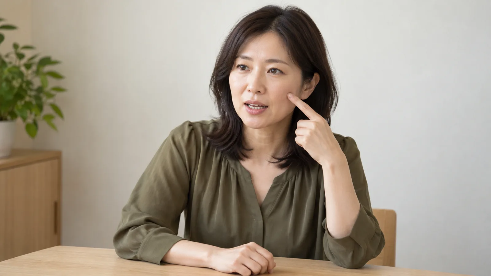 밝은 무지 벽 앞 나무 탁자에 앉은 성인 여성이 화면 밖 상대에게 말하며 검지로 광대 아래 뺨을 가리키고, 다른 손은 탁자 위에 올려 둔 모습.