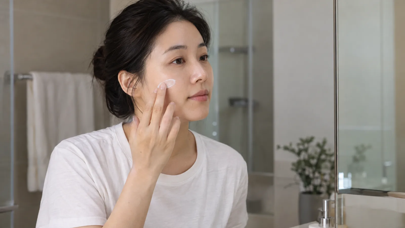 아침 욕실 거울 앞에서 흰 티셔츠를 입은 성인 여성이 손가락으로 흰 선크림을 한쪽 뺨에 펴 바르는 모습.