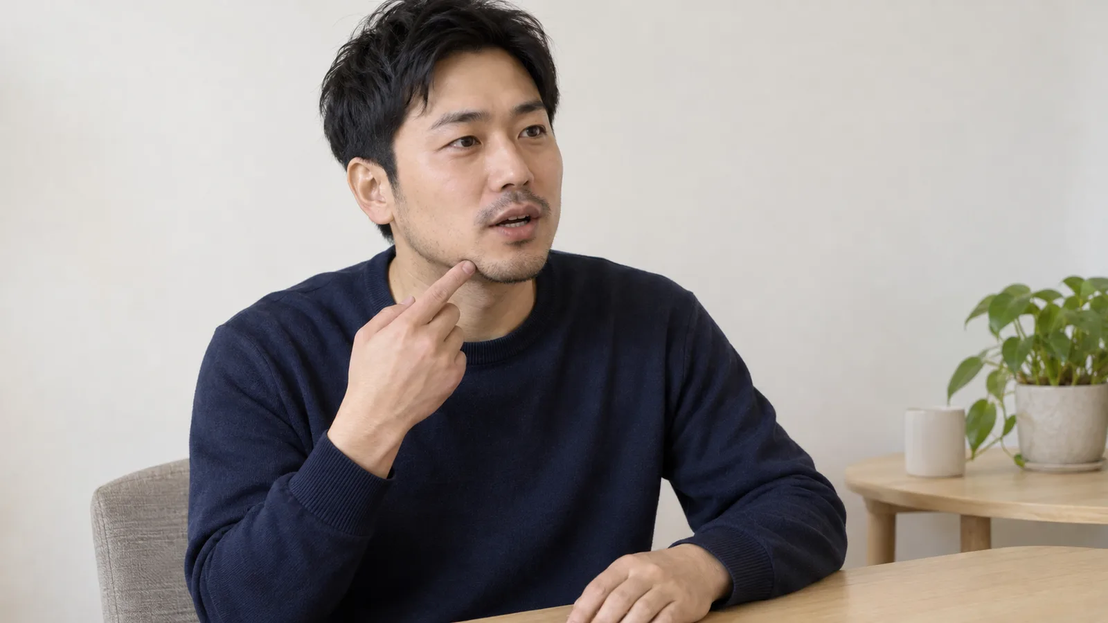 밝은 무지 벽 앞 탁자에 앉은 성인 남성이 화면 밖 상대에게 말하며 오른손 검지로 자신의 턱 아래 수염 자리를 가리키고 왼손은 탁자에 올려 둔 장면.