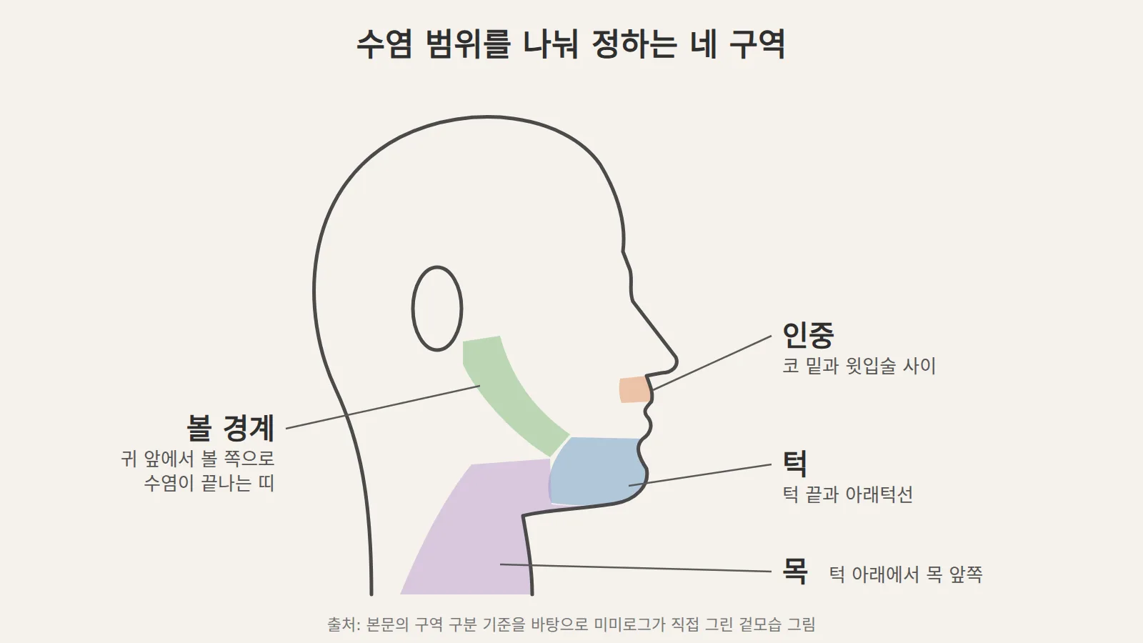 오른쪽을 보는 남성 얼굴과 목의 옆선 외곽 그림 위에 인중·턱·볼 경계·목 네 구역이 각각 주황·파랑·초록·보라의 옅은 색 면과 짧은 한글 라벨로 나뉜 그림.