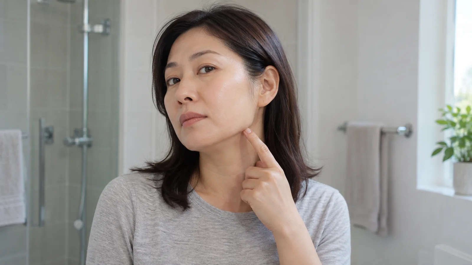 밝은 욕실에서 회색 티셔츠를 입은 성인 여성이 고개를 살짝 돌린 채 검지로 턱선 아래를 가리키며 얼굴선을 살피고 있다.