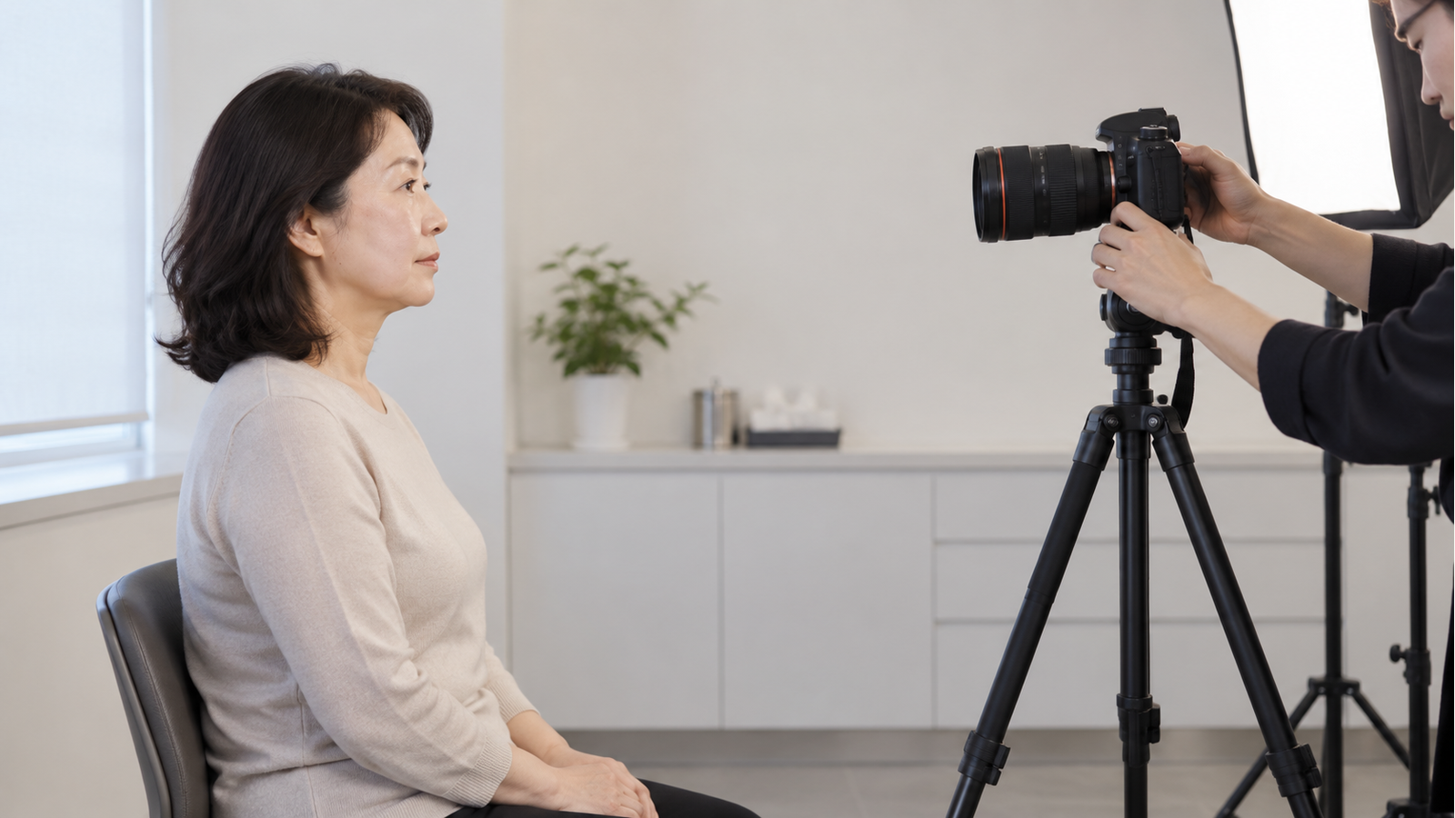 조명 옆에서 삼각대 카메라로 앉은 성인을 촬영하는 인물